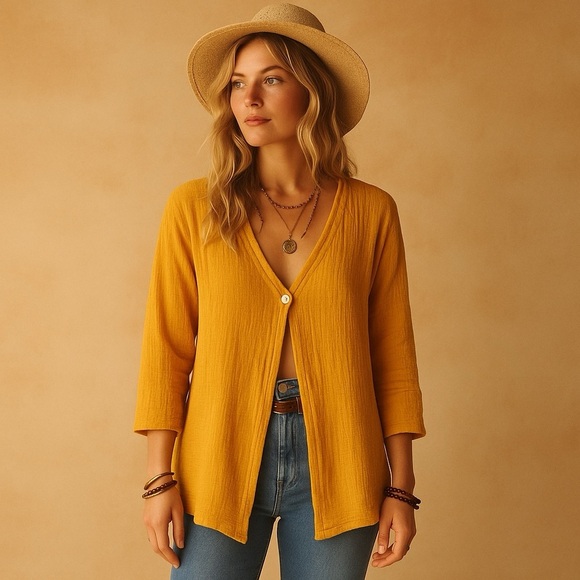 ABACÁ Crinkle Cotton Gauze Mustard Yellow Tunic Top Boho Oversized Button Front - Picture 2 of 7